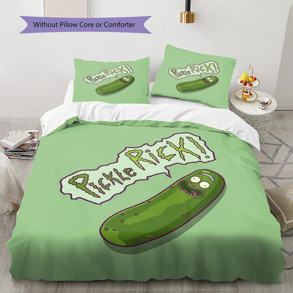 Pickle Rick Pattern Bedding Quilt Set  Home Decoration  Gift (1 * Duvet Cover + 2 * Pillowcase  Without Core)