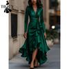 Women's Fashion Spring Fall Solid Color Print Long Sleeve V-Neck High Waist Casual Dresses