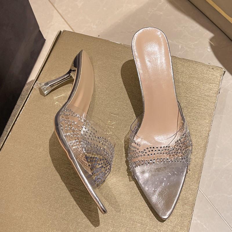 Fashion 2025 New Plus Size Style Solid Color Square Toe High Heel Slippers for Women Transparent Rhinestone Thin Heel Summer Sandals