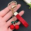 Cherry Lanyard Keychain with Red Fruit Rhinestones and Green Leaves Pendant