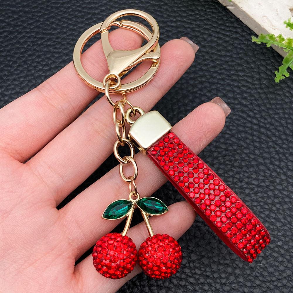 Cherry Lanyard Keychain with Red Fruit Rhinestones and Green Leaves Pendant