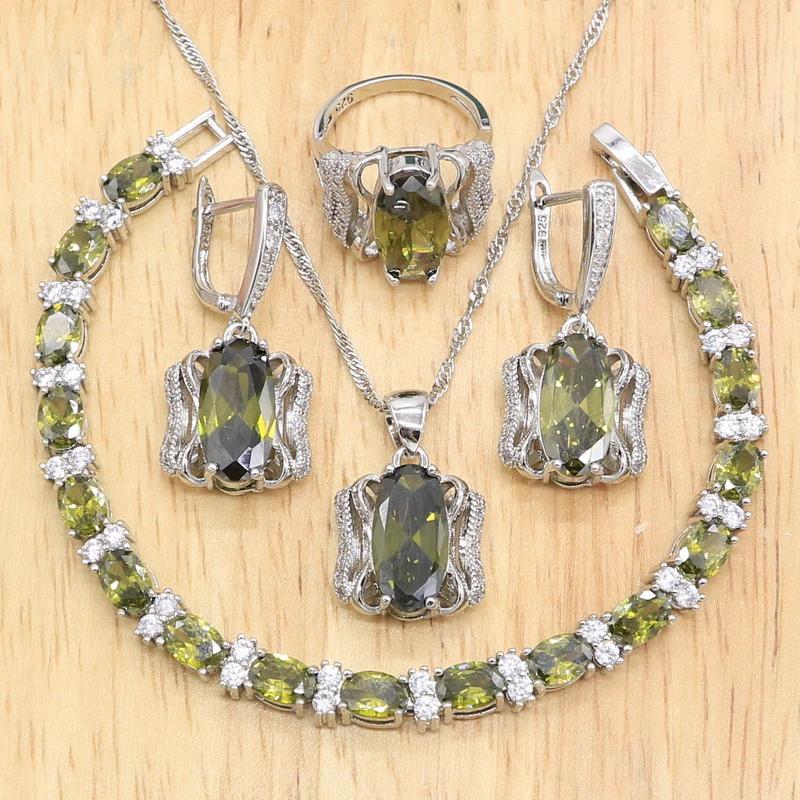 Grüner Zirkonia Dubai Hochzeitsschmucksets für Frauen Armband Ohrringe Halskette Anhänger Ring Geburtstagsgeschenk