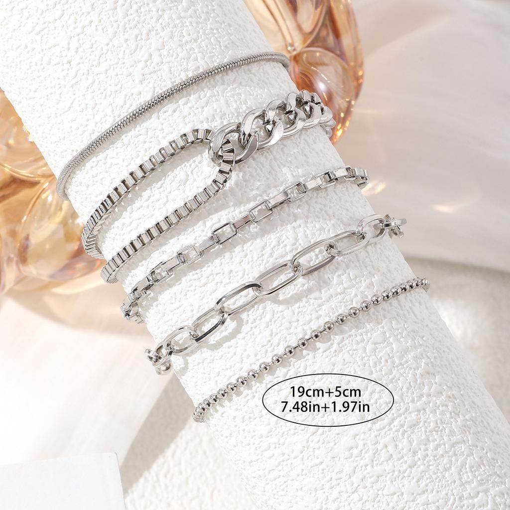 5Pcs Stackable Gold Chain Bracelet Set Mixed Thick Curb Box Snake Bead Link Minimalist Layering Wrist Jewelry for Women