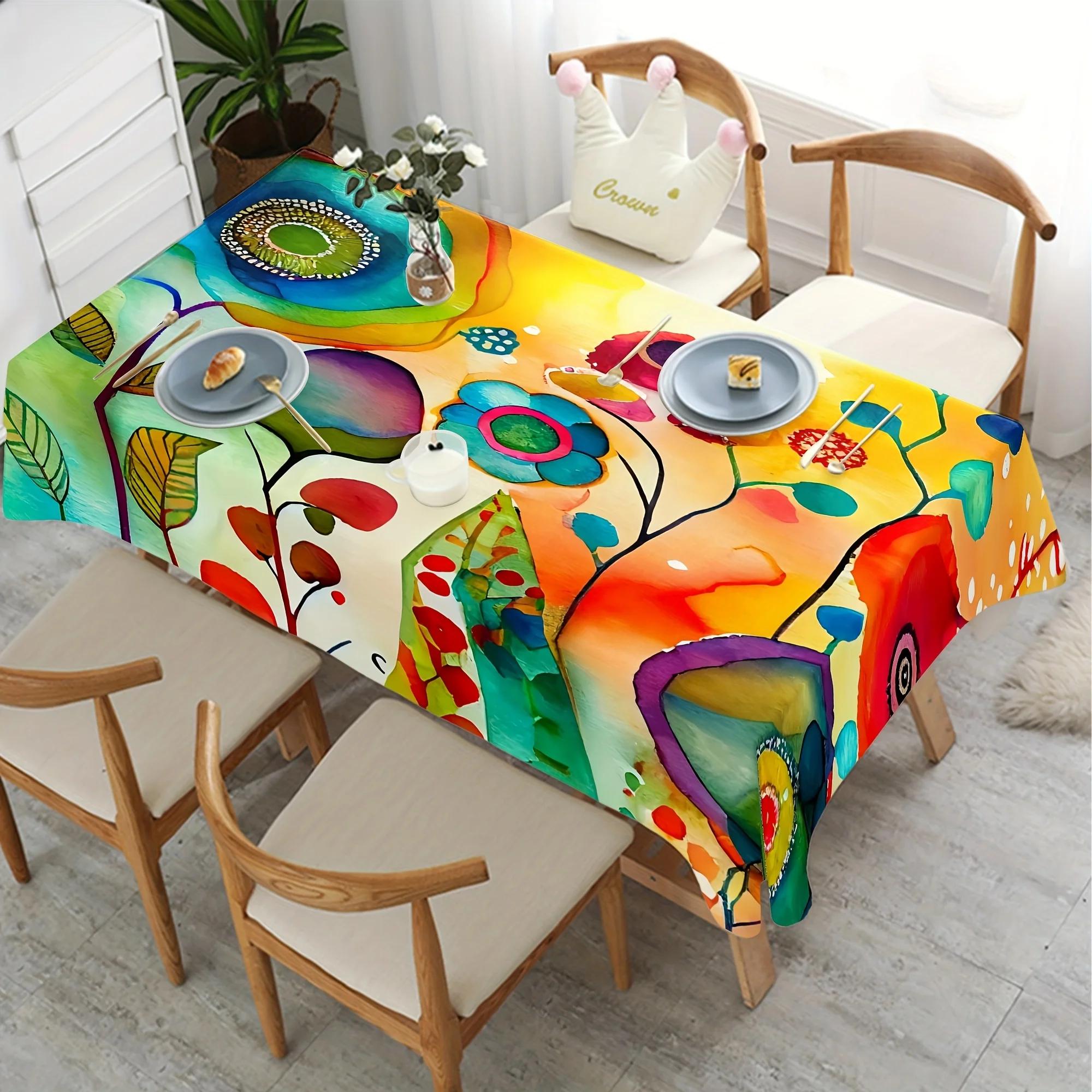 Artistic Floral Nordic Style  Vibrant Fantasy  Polyester Tablecloth, Washable, Durable Fabric, Rectangular Shape 100x145cm