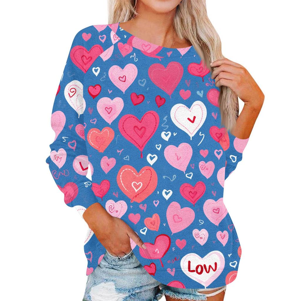 Damen Modisches Rundhals Schulter Langarm Valentinstag Bedrucktes Lässiges Pullover-Oberteil