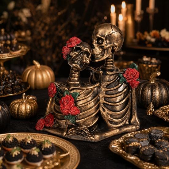 Halloween Gothic Skeleton Couple Figurine, Vintage Kissing Skeleton Resin Statue, Rose Skeleton Couple Sculpture for Holiday Party Decoration