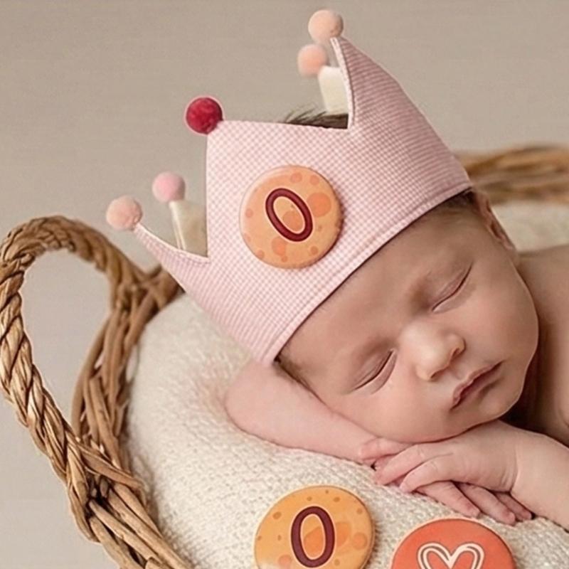 Adjustable Kids Birthday Crowned Hat Soft Cotton Fabric for Photoshoots 0 To 9 Years Reusable Props with Badges