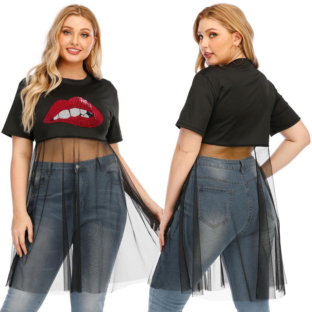 חולצת טריקו לנשים קיץ במידות גדולות רקמה רשת שחבור חולצות חולצות עם שרוולים קצרים