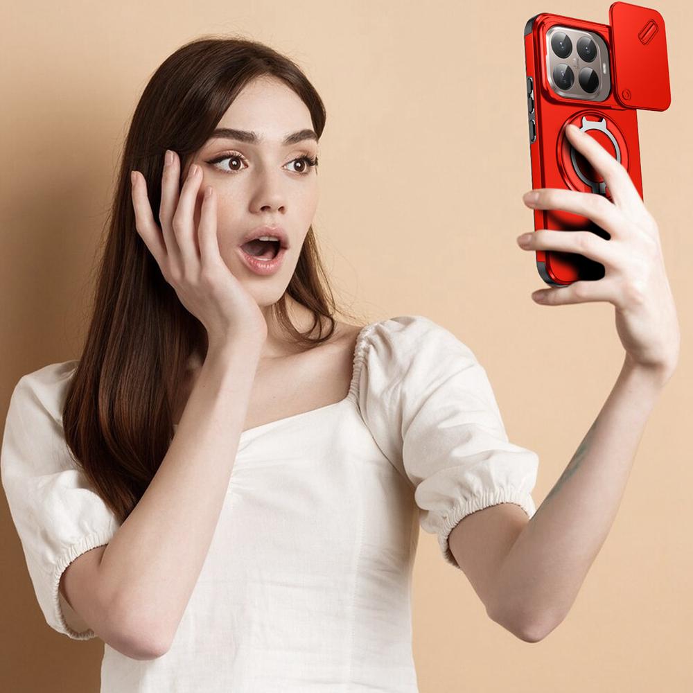 KEYSION 360° Rotating Ring Stand Phone Case for Xiaomi 15T 15T Pro Silicone+PC Slide Camera Protection Magnetic Shockproof Cover