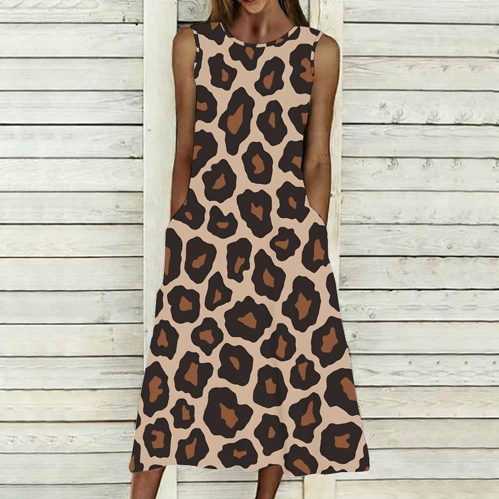 Oversized Women Sleeveless Round Neck Dress Stylish Multicolor Floral Branch Flowy Mid Calf Dress