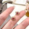18K Gold-Plated Sterling Silver Stud Earrings with Red Diamond, Women's Versatile French Style Ear Jewelry.