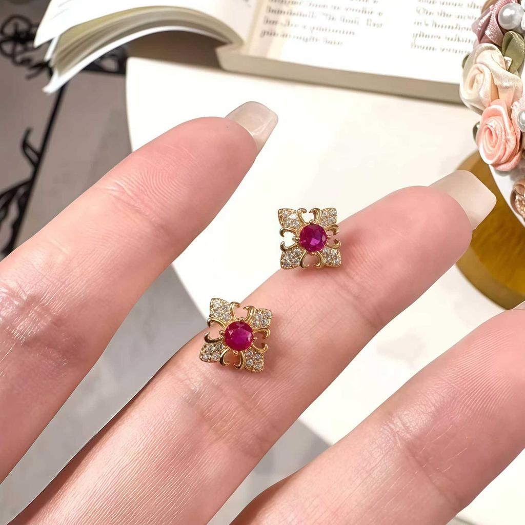 18K Gold-Plated Sterling Silver Stud Earrings with Red Diamond, Women's Versatile French Style Ear Jewelry.