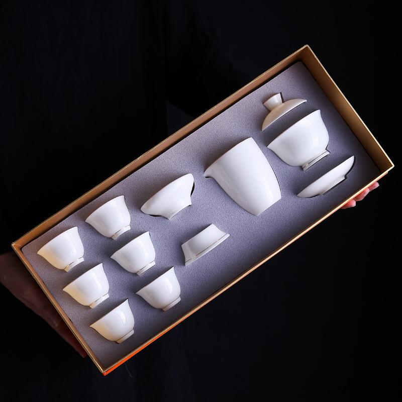 Suet jade porcelain kung fu tea set household light luxury gift box Dehua white porcelain cover bowl teacup business gift