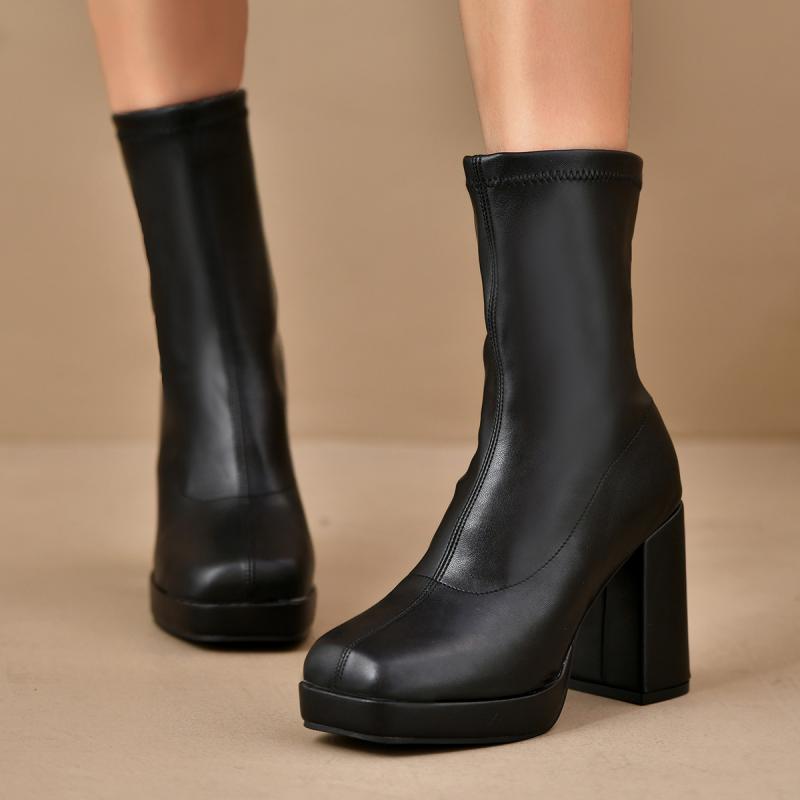 Fashion Fashion Pu Solid Black Mid Calf Boots Women 2025 Sexy Square Toe Super High Heel Chelsea Boots Warm Winter Shoes Plus Size