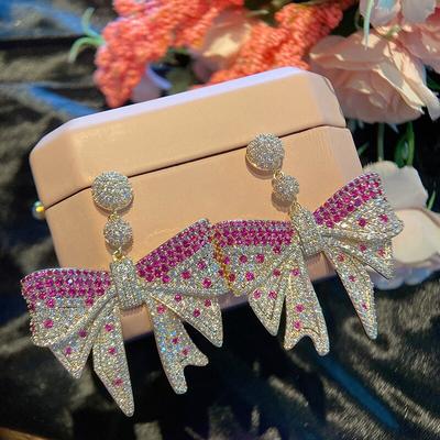 Luxury 925 Silver Needle Large Bow Earrings for Women Gradient Color Cubic Zirconia Earrings Engagement Wedding Jewelry