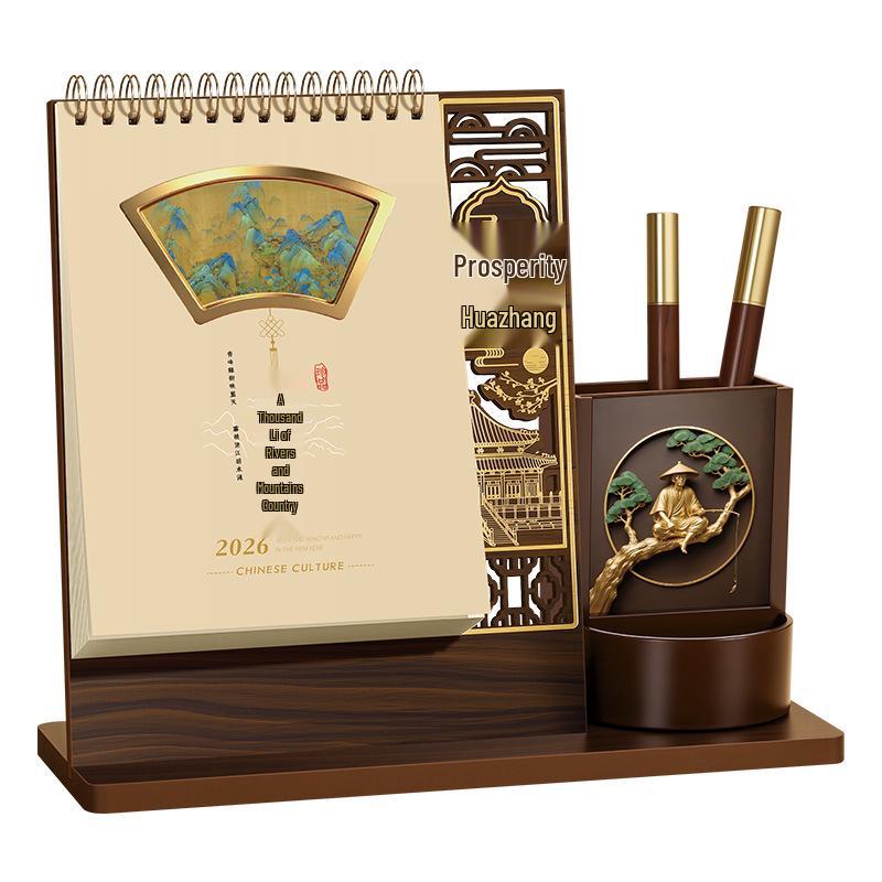 Customized 2026 Wooden Stand Enterprise Calendar – Creative Business Office Memo Gift Box