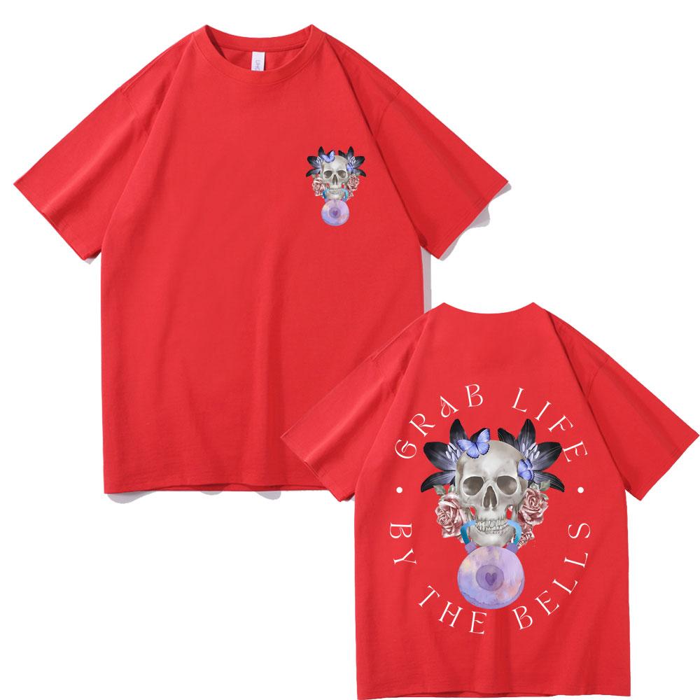 Grab Life By The Bells Gym Pump Cover T-shirt Men's Funny Kettlebell Skeleton Short Sleeve Male Fashion Casual Oversized Tees