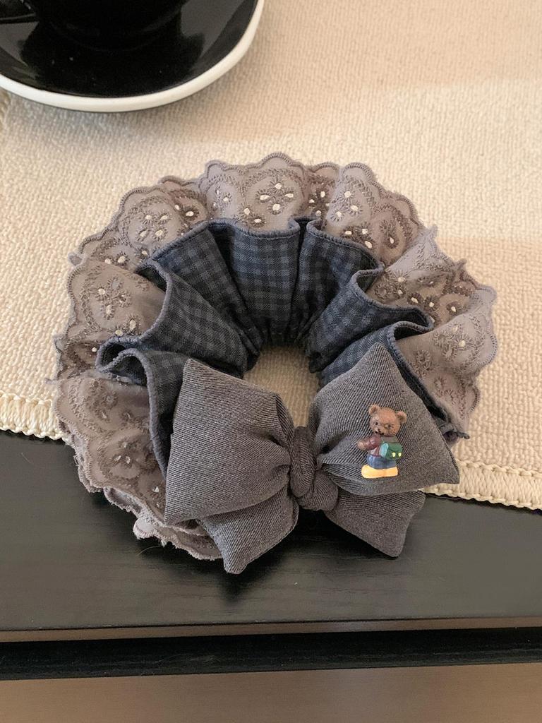 Korean Retro Gray Plaid Bow Lace Scrunchie - Oversized Hair Tie for Women, Suitable for Big Buns & Low Ponytails