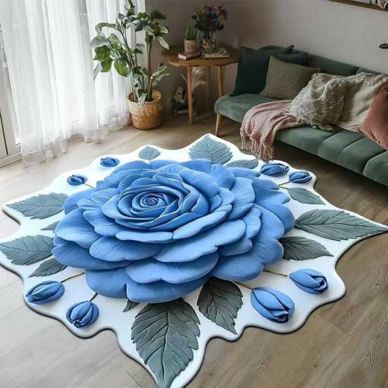 Floor Mat 3D Flower Pattern Water-Repellent Bathroom Rug with Anti-Slip Base High-Density Crystal Velvet Bath Mat