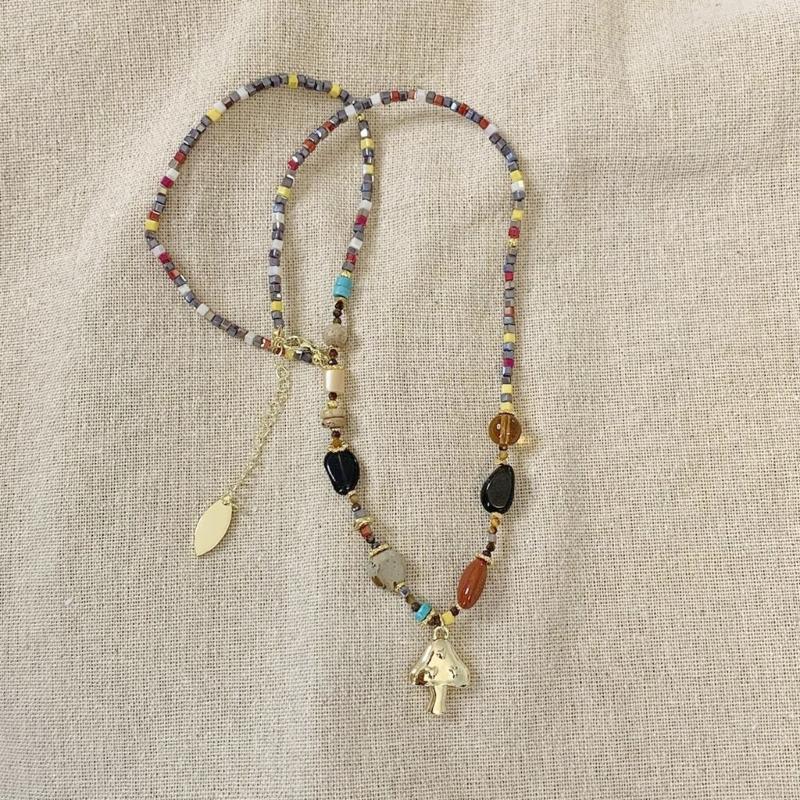 French Vintage Natural Stone Beaded Necklace Unique Sunrises Mushroom Pendant Handmade Winter Jewelry For Women Gift