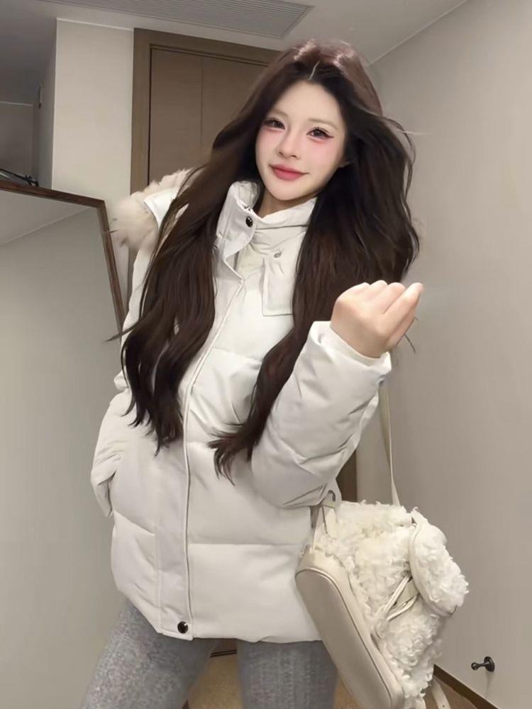 2026 Women's Slimming Hooded Cotton Jacket with Fur Collar - Winter Fit, Thickened, Petite Outerwear