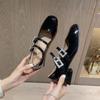 Mary Jane Shoes for Women Fashion Medium Heeled Women Spring New Chunky Heel Rhinestone Buckle Ballet Shoes Zapatos De Mujer