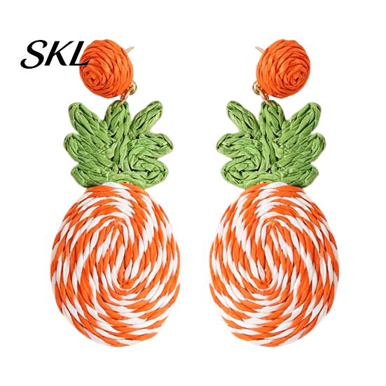 Three-dimensional Pineapple Earrings 1 Pair Handmade Raffia for Women, Boho Straw Hand-Woven Summer Beach Skirt Jewelry Dangle Earrings, Natural