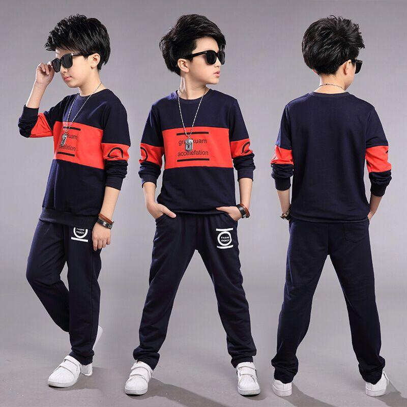 Autumn Boys Tracksuit Velvet Children Clothing Sets Cotton T-Shirt + Pants 2 Pcs Suit Boy Clothes Set 12 14 Y