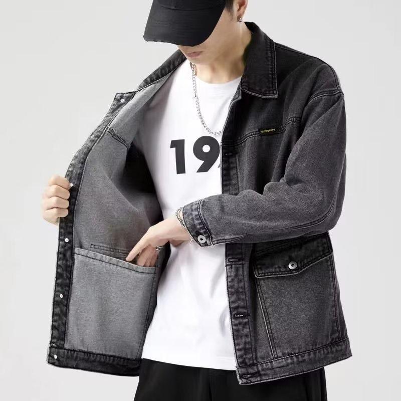 Veste en jean décontractée à poches multiples pour homme, couleur unie, ample, style américain