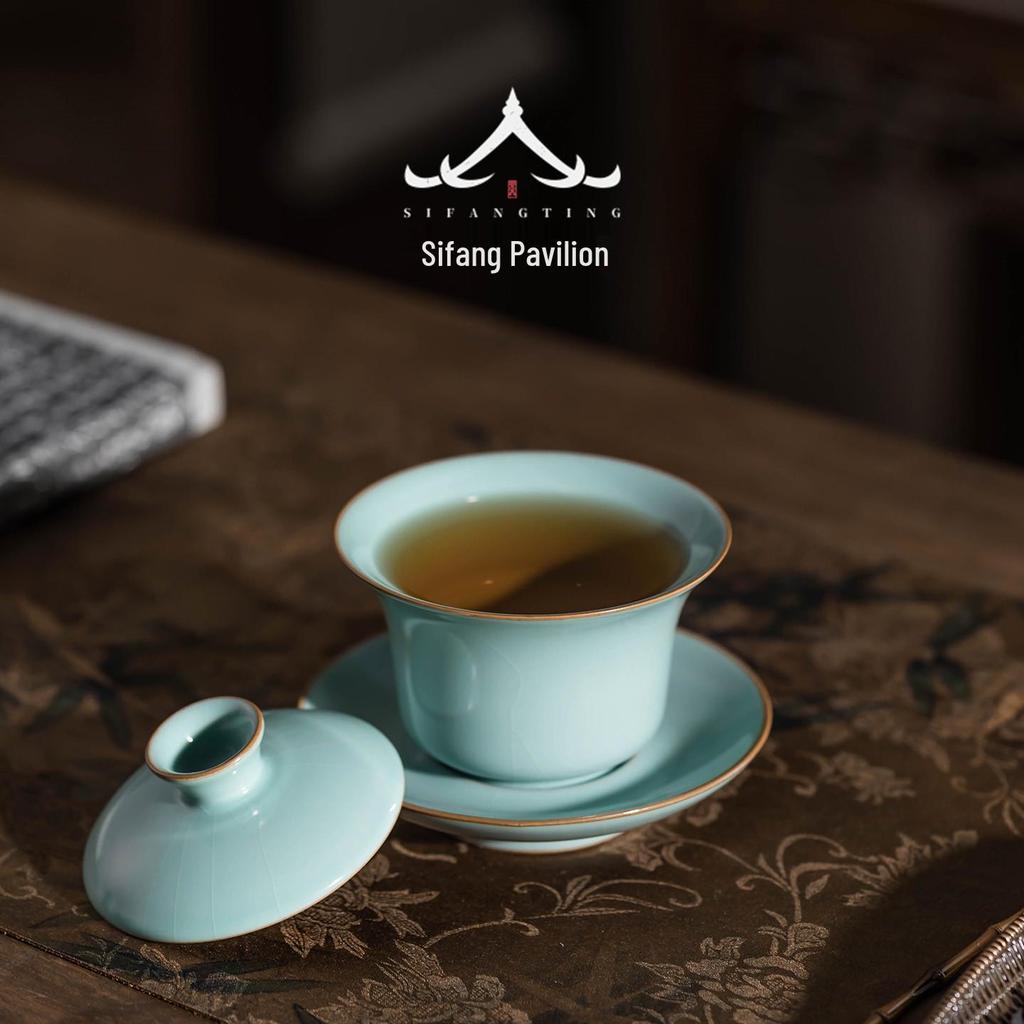 Ru Kiln Gaiwan Tea Set: Handmade Jingdezhen Kung Fu Ceramic with Three Talents Tea Cups in Retro Porcelain Gift Box
