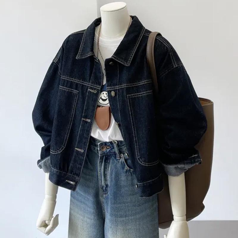 

Dark Blue Korean-Style Casual Denim Jacket for Women with Unique Mouth Design and Corduroy Detail. XL синій