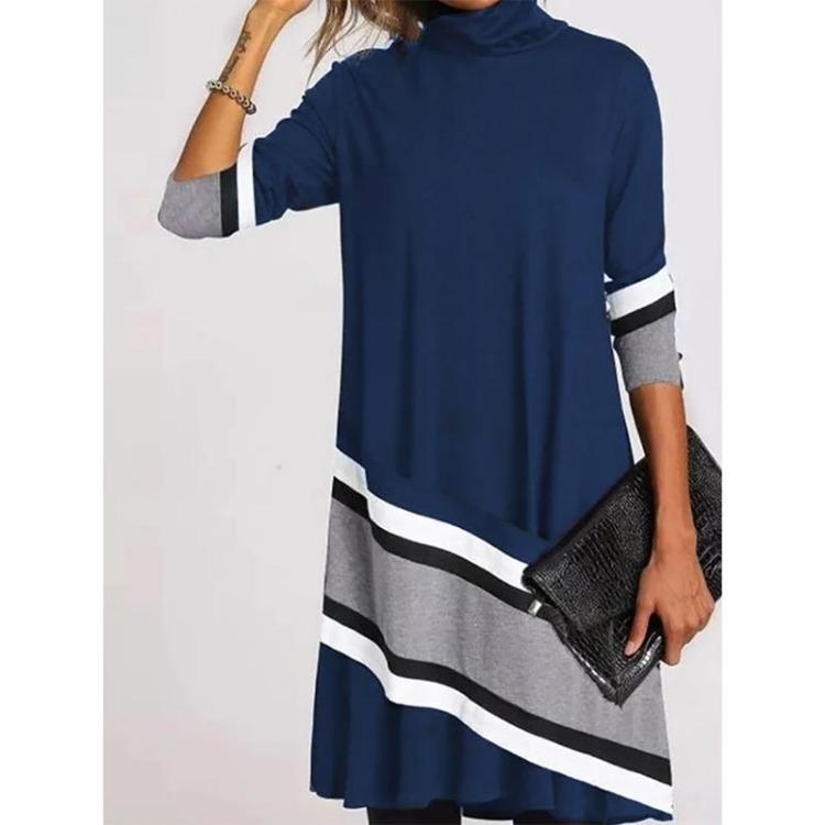 Vintage Zimní Rolákový Svetr Šaty Ženy Elegantní Patchwork Dlouhý Rukáv Volné Ležérní Teplé Vestidos Dámský Potisk