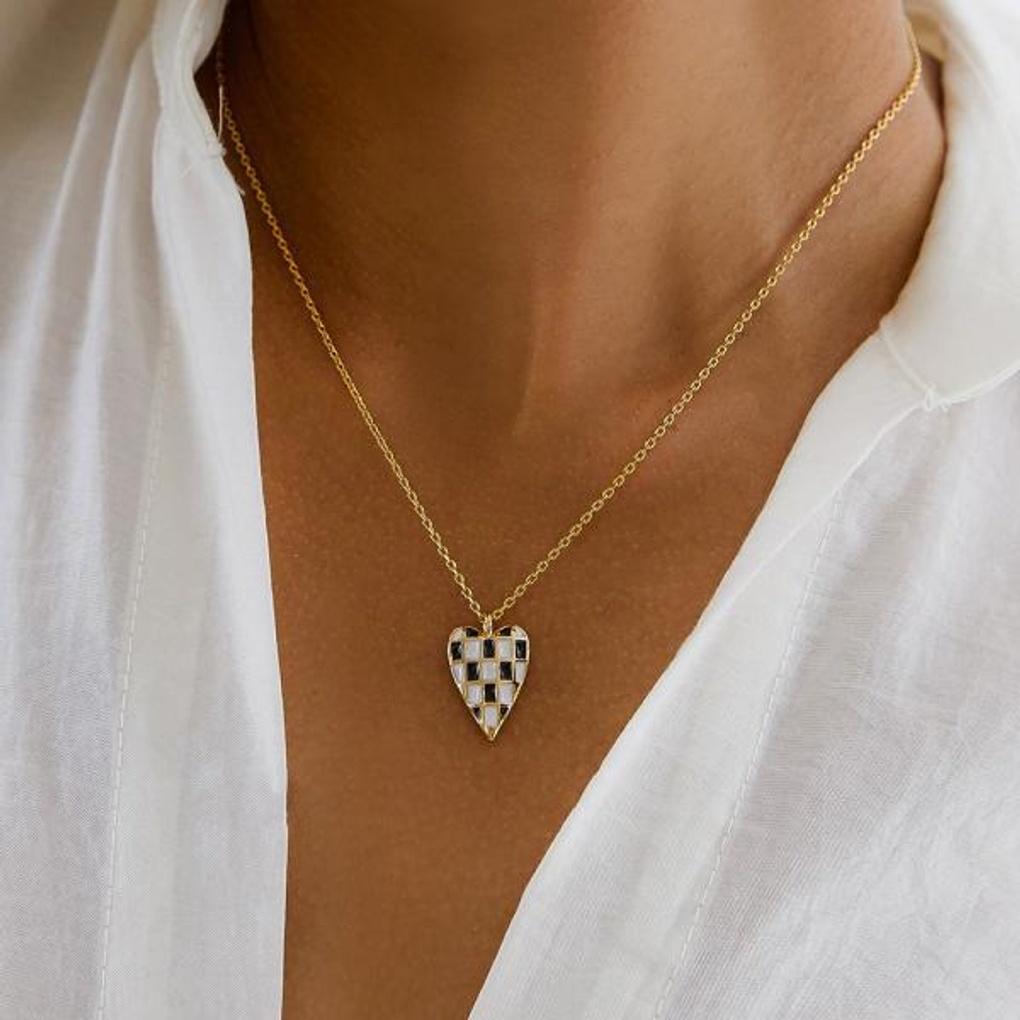 

[POPTS] Black Checkerboard Heart Necklace OTN222524EYX Basic (photo color)