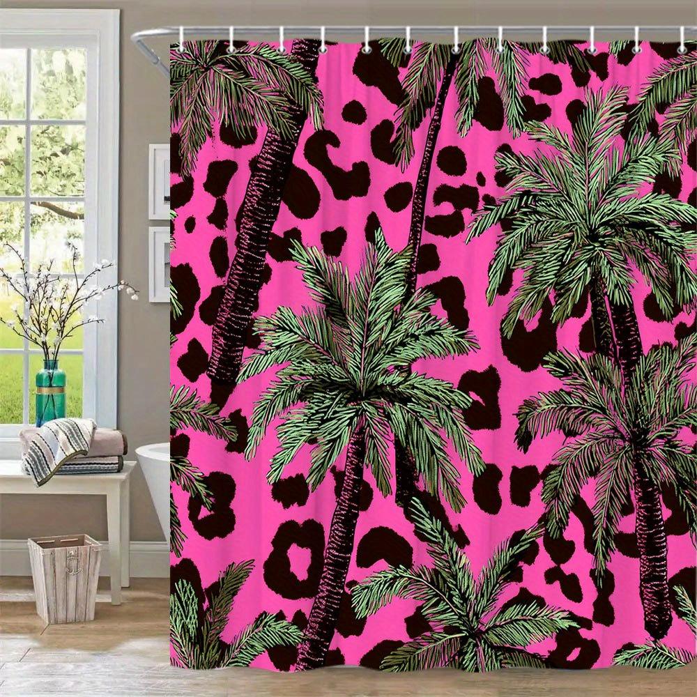 1Pc Tropical Leopard Print Shower Curtain - Vibrant Pink Jungle Palm Design With Exotic Spots, Bold Polyester Fabric 70X70 Inche
