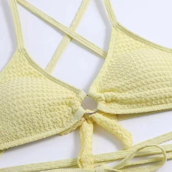 3Pcs/Set Women Swimsuit Solid Color Wave Texture Sexy Split Bikini with Drawstring Ruffle Trim Skirt Lace-up Beachwear