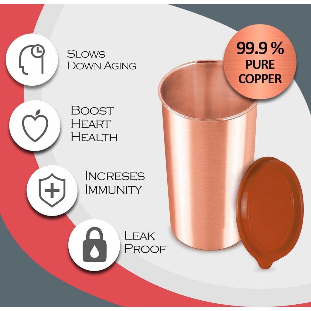 Copper Drinking Water Tumbler with Lid, Set of 6, 480 Ml Each, Copper | 100% Leak Proof | Office | Gym | Yoga | Home | Kitchen | Hiking |