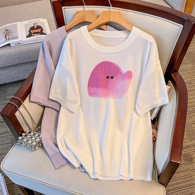 Plus Size Women s Summer Ice Silk Knit Slimming T-shirt - Short Sleeve 2XL