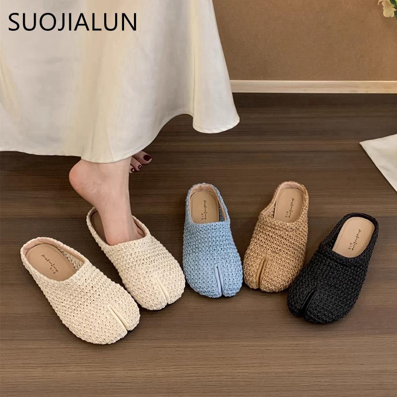 Fashion SUOJIALUN 2025 Summer New Women Slipper Fashion Split Toe Slip On Ladies Casual Mules Shoes Soft Flat Heel Outdoor Dress Slides