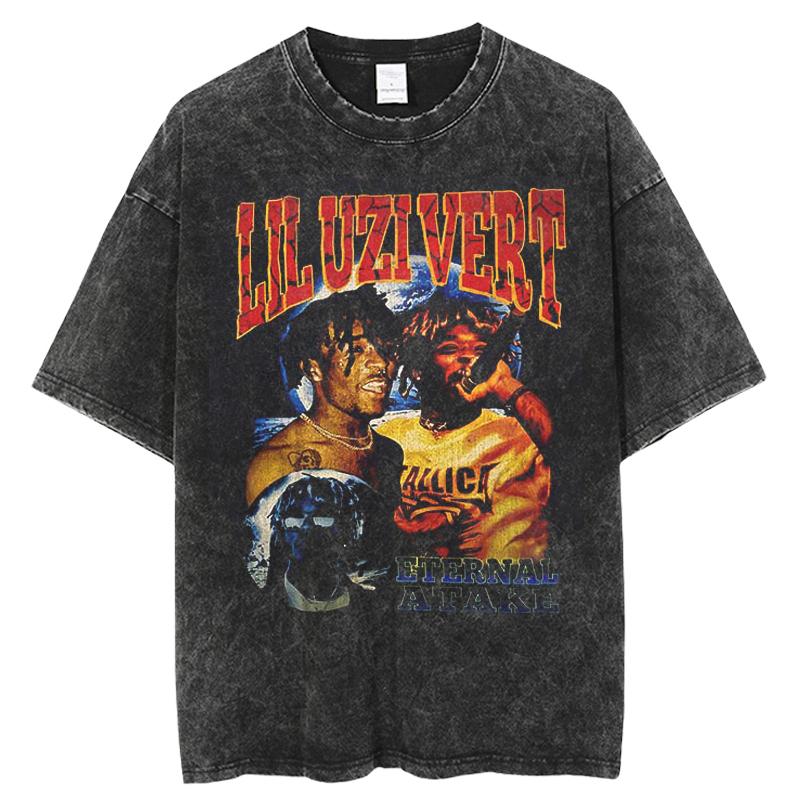 Vintage High Street T-shirt Washed Lil Uzi Vert Print Graphics Summer Short Sleeve Casual Hip Hop Oversized Unisex Top 2023