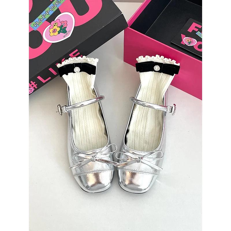 Silver shallow mouth ballet style flat sole women's 2025 new summer dress French round toe Mary Jane shoes