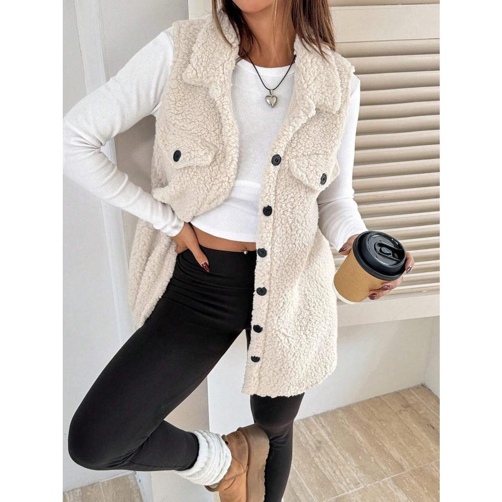Women's Lapel Sleeveless Vest Oversized Fit Solid Color Single Button Pocket Winter Fleece Gilet