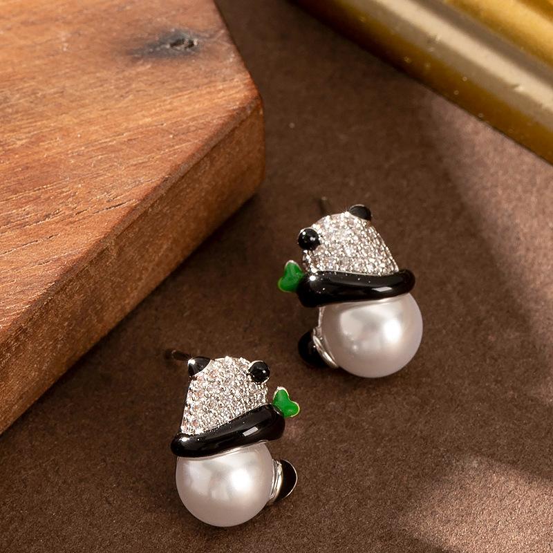Korean version of sweet and delicate oil dripping full of diamonds cute red panda pearl stud earrings women s niche personalized design earrings