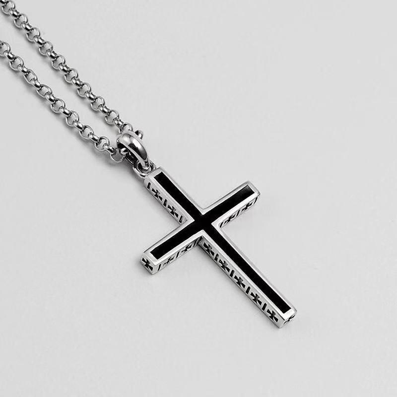 Trendy Unisex Sterling Silver Cross Pendant Necklace with Titanium Steel Chain - Personalized Korean-Japanese Fashion, Perfect Gift for Couples