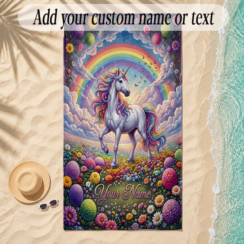 Unicorn Theme Soft Beach Towel Personalized Custom Name Text Towel Portable for Beach Pool Travel