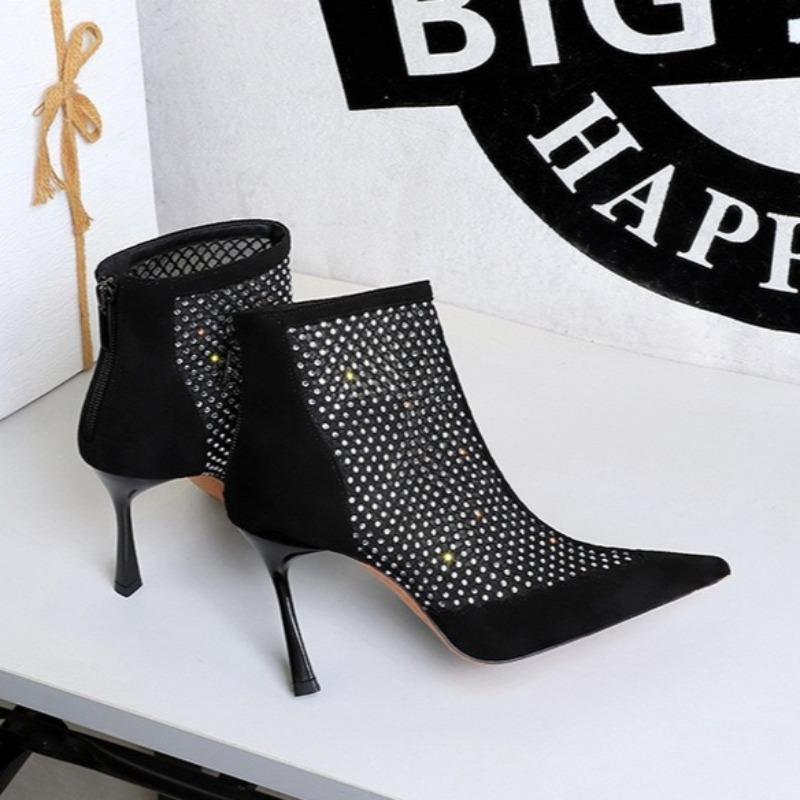 Women'S High Heel Short Boots Women'S Suede Splicing Mesh Rhinestone Rear Women'S Shoes Fashion Fine Heel Pointed Single Boots