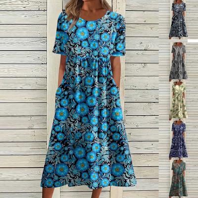 Women's Casual Dresses Printed Dresses Summer Dresses Printed Pleated Round Neck Midi Dresses Basic Classic Outdoor Daily Short Sleeve Loose Dresses
