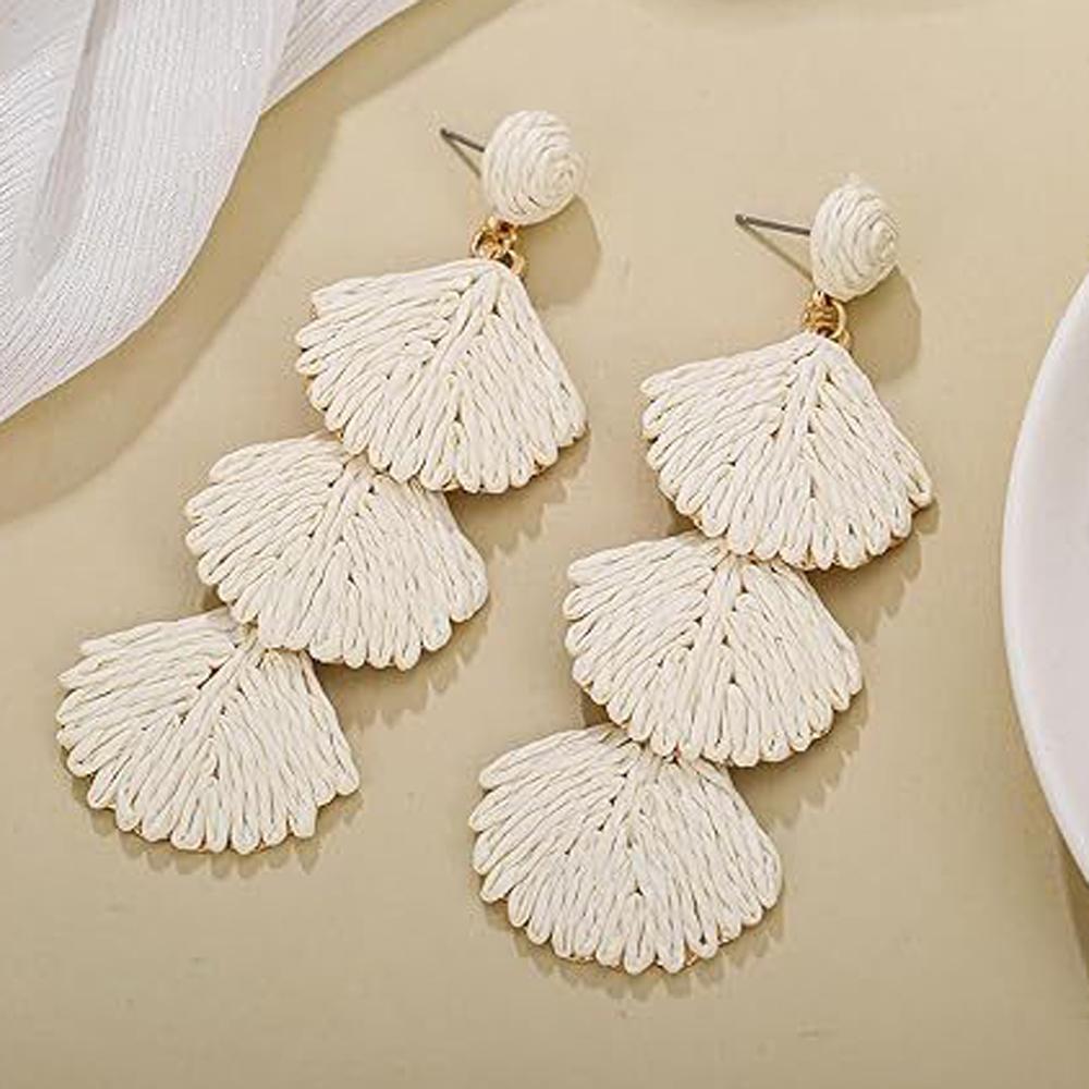 Raffia Dangle Earrings for Women - Boho Statement Rattan Drop Jewelry Shell Design, Lightweight Summer Beach Trendy Accessories