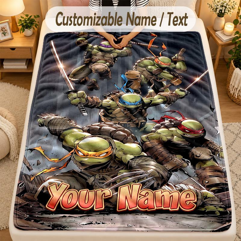 Flannel BlanketTeenage Mutant Ninja Turtles Custom Name Text Personalized Soft Warm Throw Blanket Home Decor Gift
