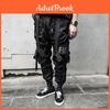 Men Hip Pants Hop Cargo Style Individual Straight Leg Strap Decor Solid Color Deep Crotch Loose Streetwear Elastic Waist Anklebanded Men Trousers
