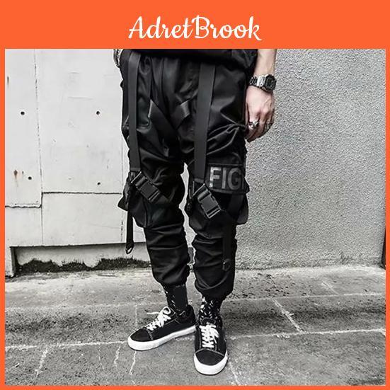 Men Hip Pants Hop Cargo Style Individual Straight Leg Strap Decor Solid Color Deep Crotch Loose Streetwear Elastic Waist Anklebanded Men Trousers